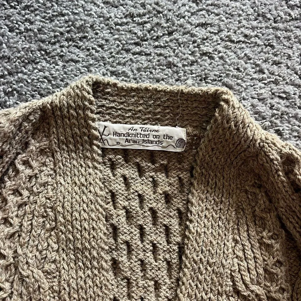 VTG Aran Islands Ireland Wool Cardigan Sweater Brown Fisherman Chunky Knit Sz L